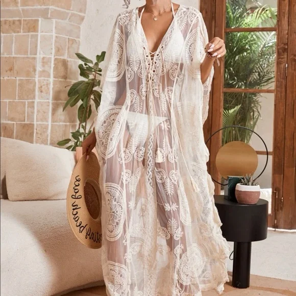 Embroidery lace up dress bikini cover-up beach summer  transparent sexy lace up - Picture 4 of 7